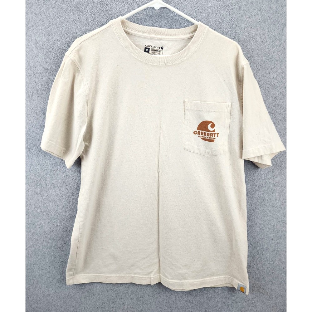 Carhartt Beige Pocket Graphic Print Tee Cotton Crew Neck Relaxed Fit M Short Slv